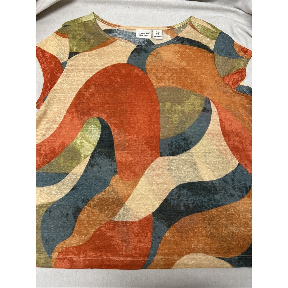 RACHEL ZOE Orange/Multi-Color Short Sleeve 100% LINEN T-Shirt TEE Size M Flowy - Picture 2 of 9